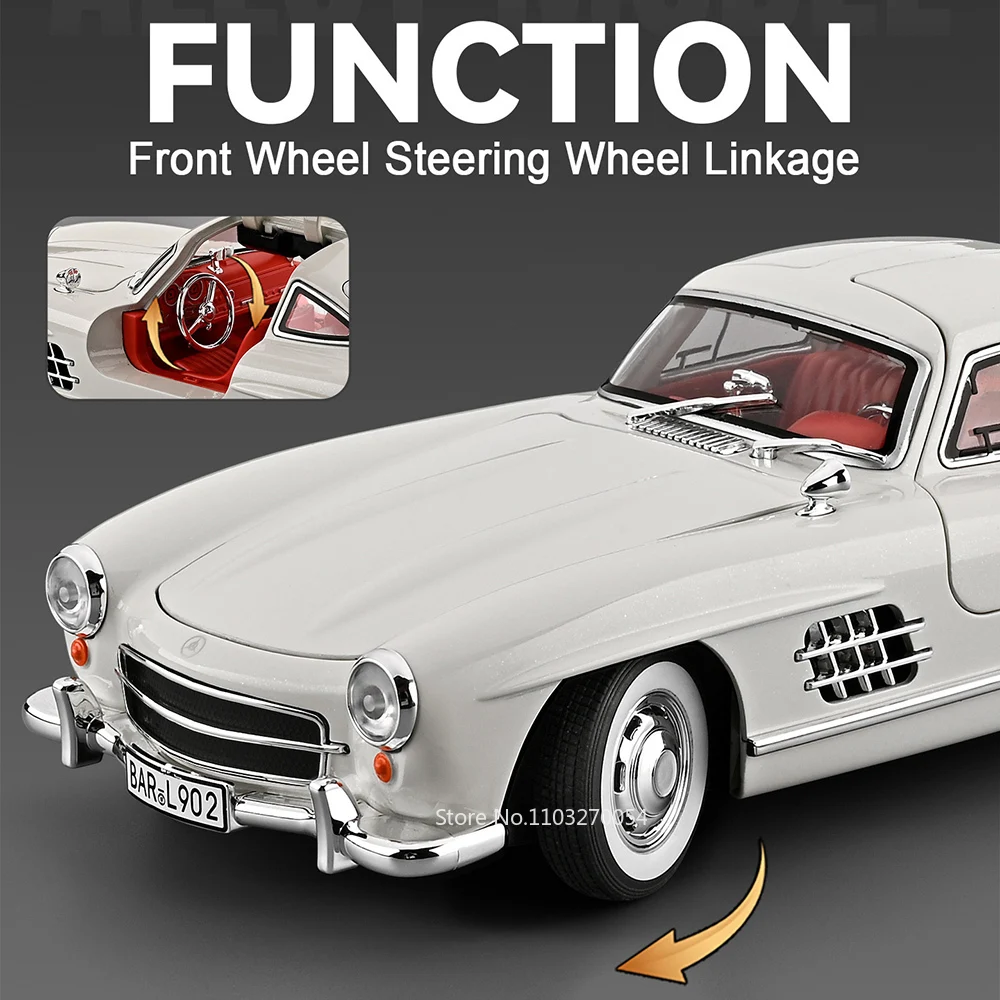 Large Size 1:18 300SL 500K Vintage Car Toys Diecast Alloy Model Sound Light Pull Back Front Wheel Steering Cars Collect Ornament