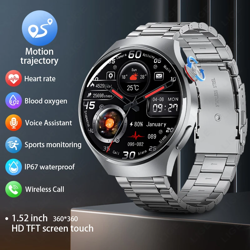 

LIGE NFC Smart Watch Men 1.52 inch AMOLED Screen Wireless Call Health Monitor Waterproof Watch Sports Smartwatch 2024 For Huawei