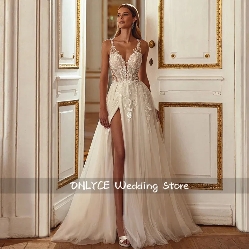 

Woman Bride Wedding Dress Customized Sexy V Neck Sleeveless See Through Applique Soft Tulle Split A Line Bridal Gowns
