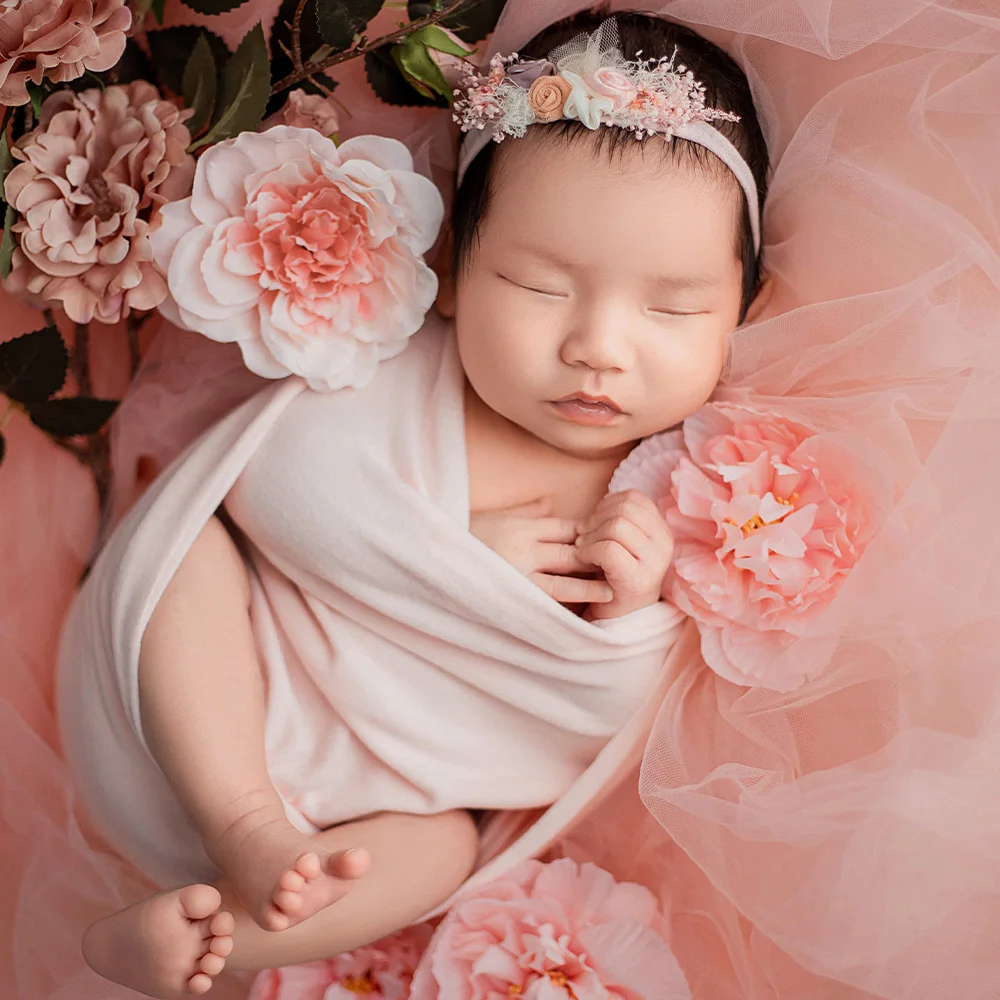 Newborn Photography Props Cotton Soft Stretchable Wraps Headwear Tulle Background Accessories Studio Pink Theme Photography Set