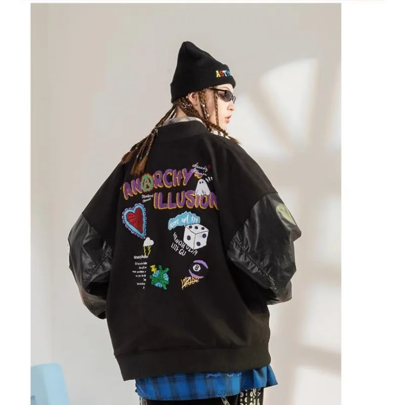 Hip Hop Harajuku Black Jackets Men Women Patchwork Embroidery Casual Bomber Jacket Couple Vintage Loose Varsity Coat Spring 2023