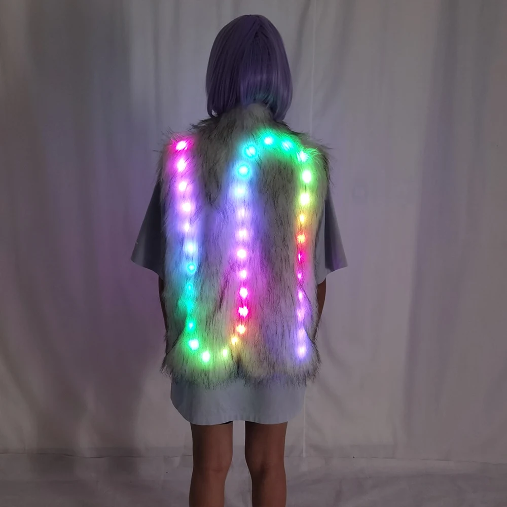 LED Luminous Faux Fur Coat for Women Glowing LED DJ Costume for Nightclub Bar Dance Show Christmas Halloween Party Cospaly