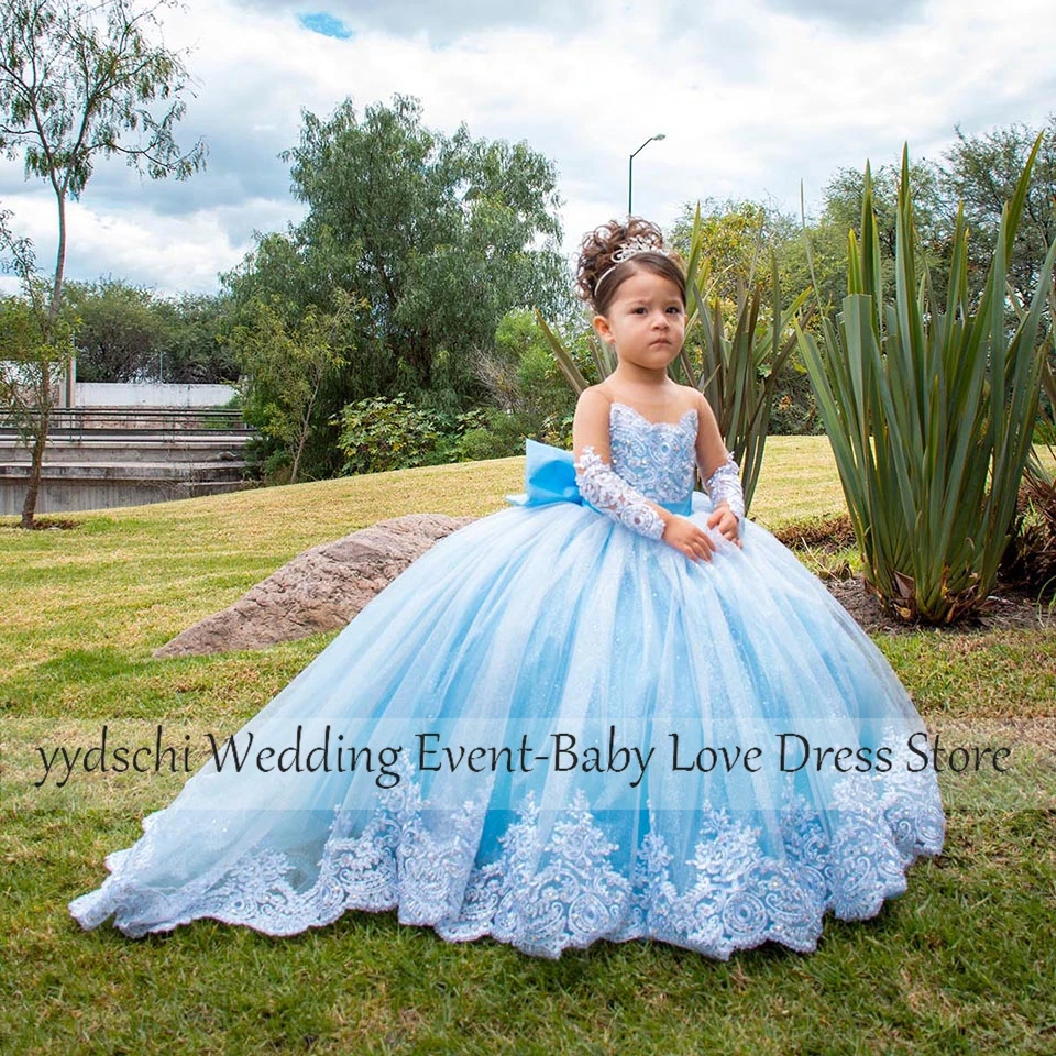 Vestidos esponjosos de primera comunión para niña, vestidos de flores para fiesta, vestido de baile para niña de 2 a 16 años, cuello transparente con cordones, 2023