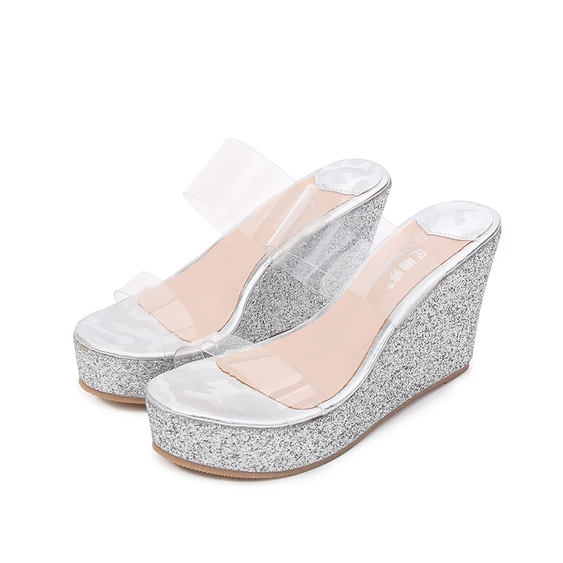 Size 30-43 Summer New All-match Platform Shoes Transparent Crystal High Heel Wedge Sandals For Women Open Toe Gold Slippers