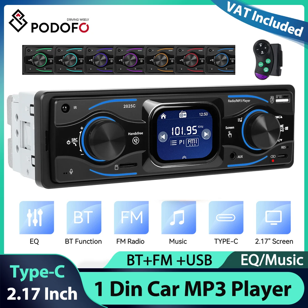 Reproductor MP3 Podofo de 2.17'' 1Din, Reproductor Multimedia Bluetooth, Iluminación LED RGB ISO, Ecualizador, USB Tipo-C, Control del Volante, Estéreo para Auto
