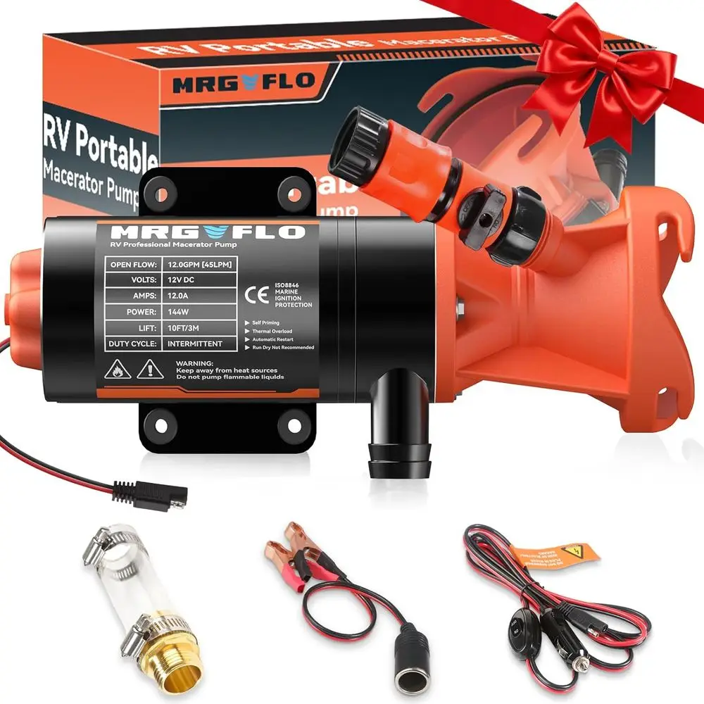 

RV Macerator Pump 12V,Portable Macerator Waste Pump,12GPM Suction 3.2 feet Lift 10 feet with Garden Hose Discharge Port,Quick Re