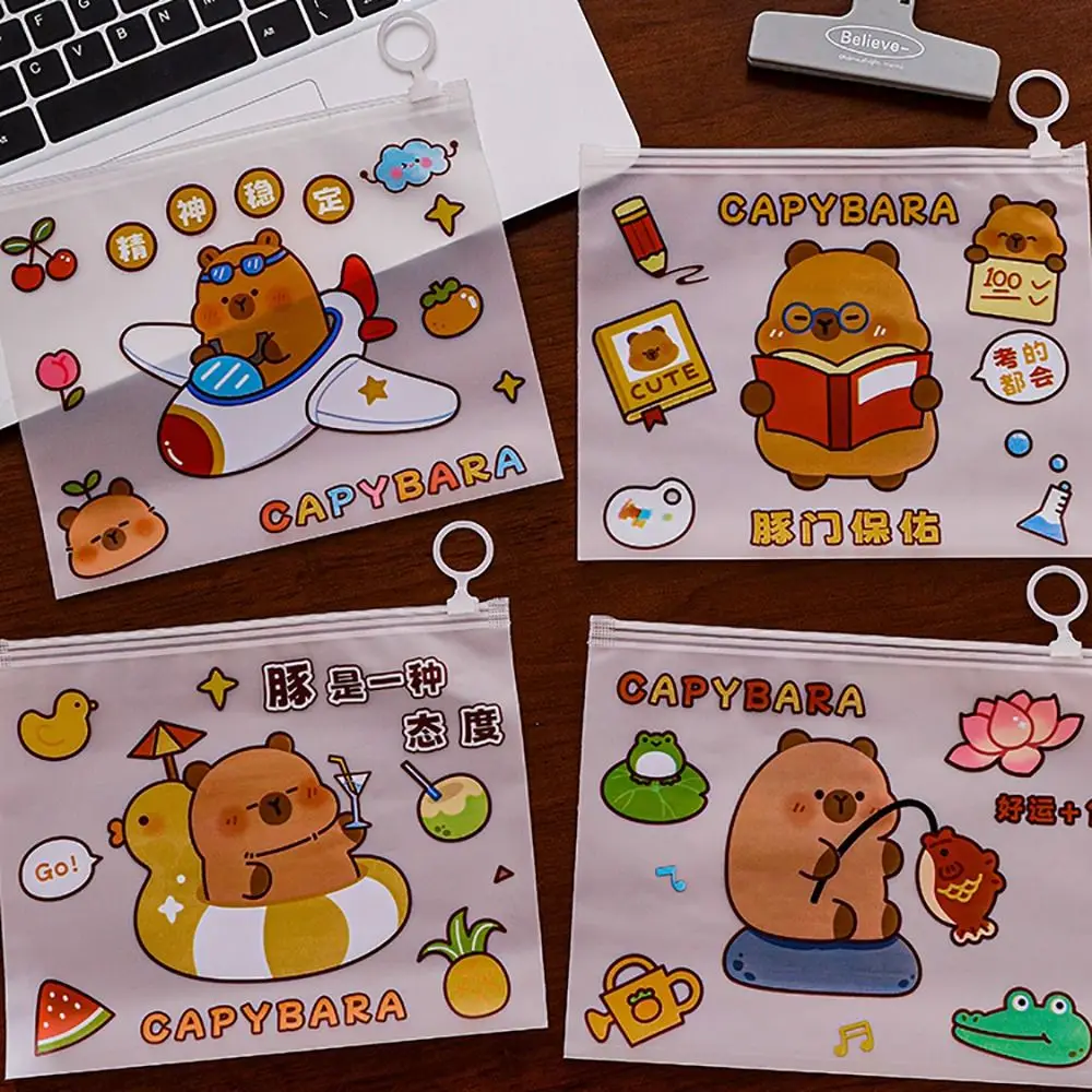 Cartoon PVC Waterproof File Folder Capybara Large Capacity Pen Bag Transparent Zipper Document Folder Gift