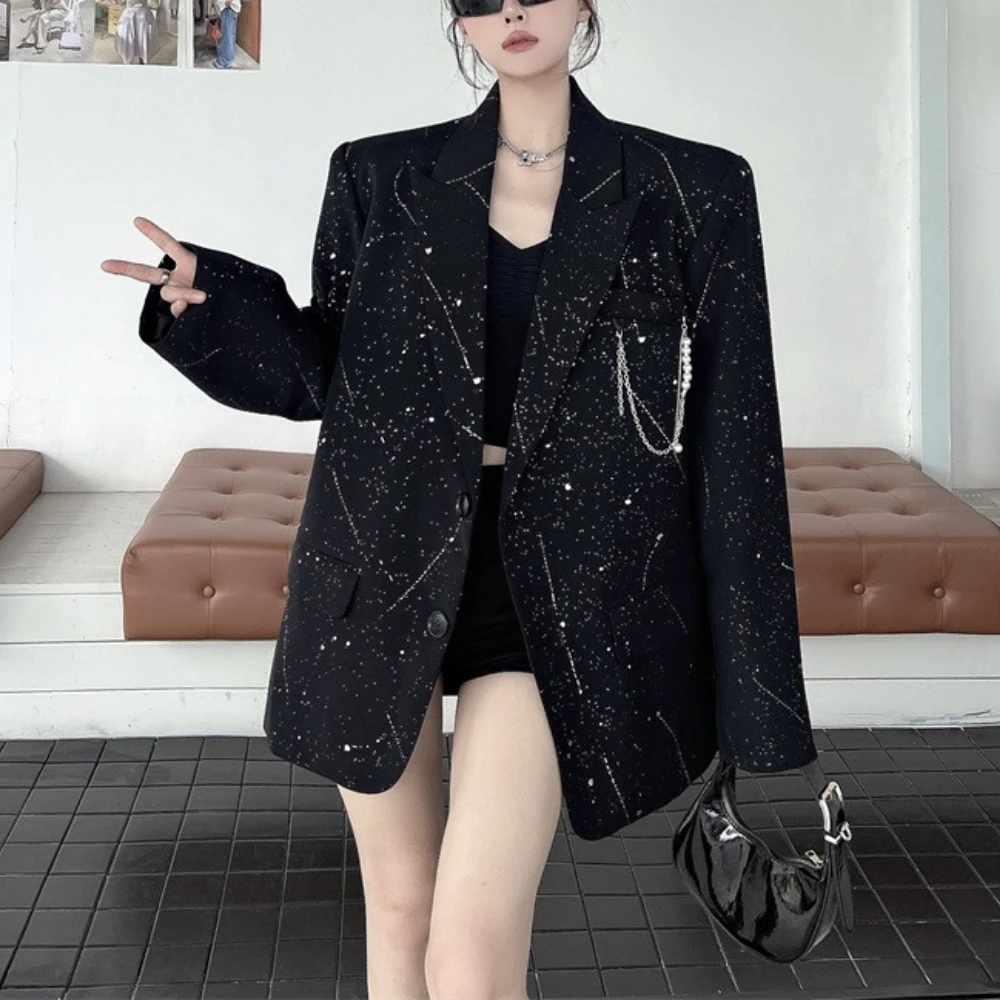 سترة نسائية من TWOTWINSTYLE باللون الأسود مع طية صدر السترة وأكمام طويلة فضفاضة ومزاجية راقية سترات نسائية موضة خريف جديدة