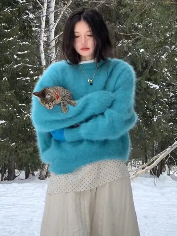 

Утепленный осенне-зимний свитер с круглым вырезом, мягкий, уютный, женский, вязаный, синий, из пушистого вельвета, теплый, повседневный, с длинными рукавами