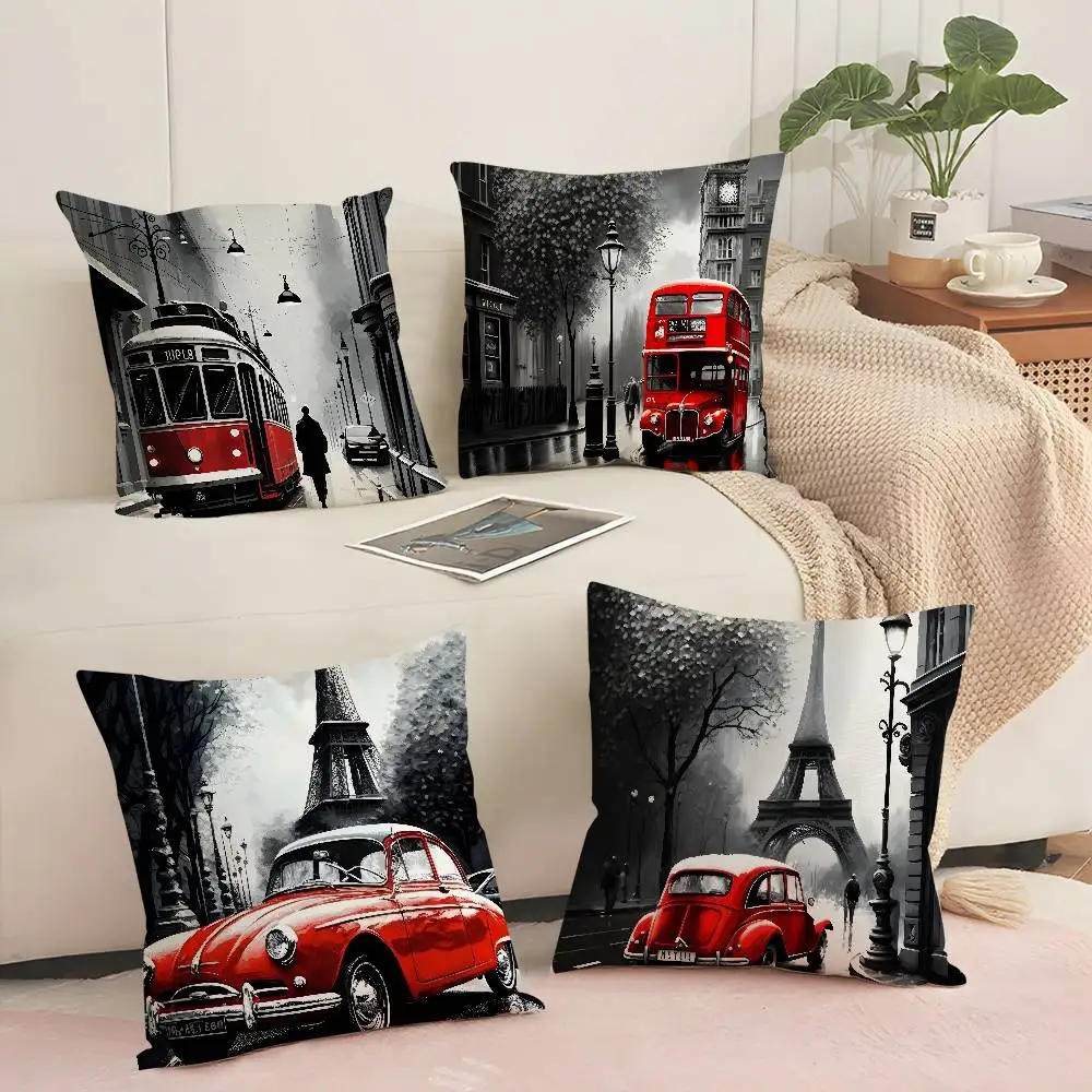 

Urban Bus Car London Sreet Eiffel Tower Pillow Case Sofa Decorative Home Double-sided Printing Short Plush Cushion Pillow Cover