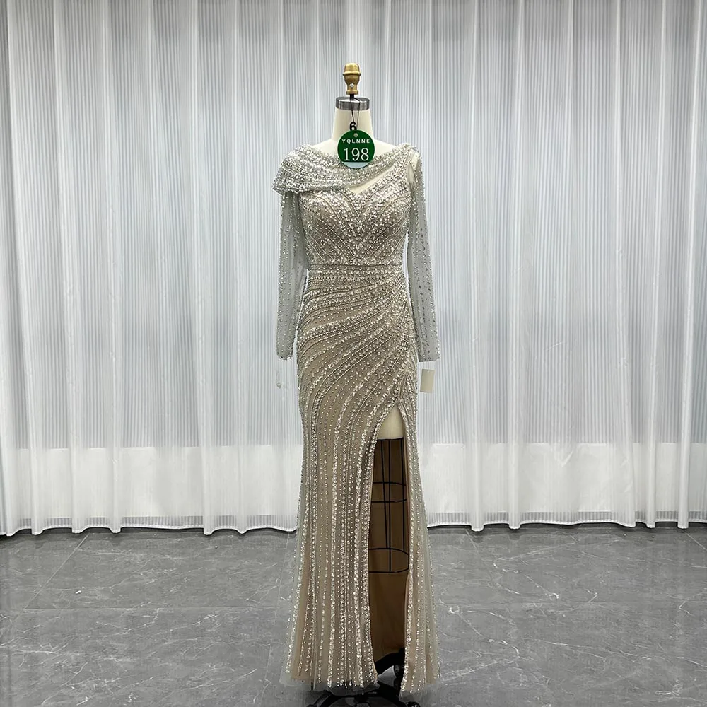 

YQLNNE 0198 Серебряные обнаженные вечерние платья с кристаллами и длинными рукавами, вечернее платье из бисера, русалка
