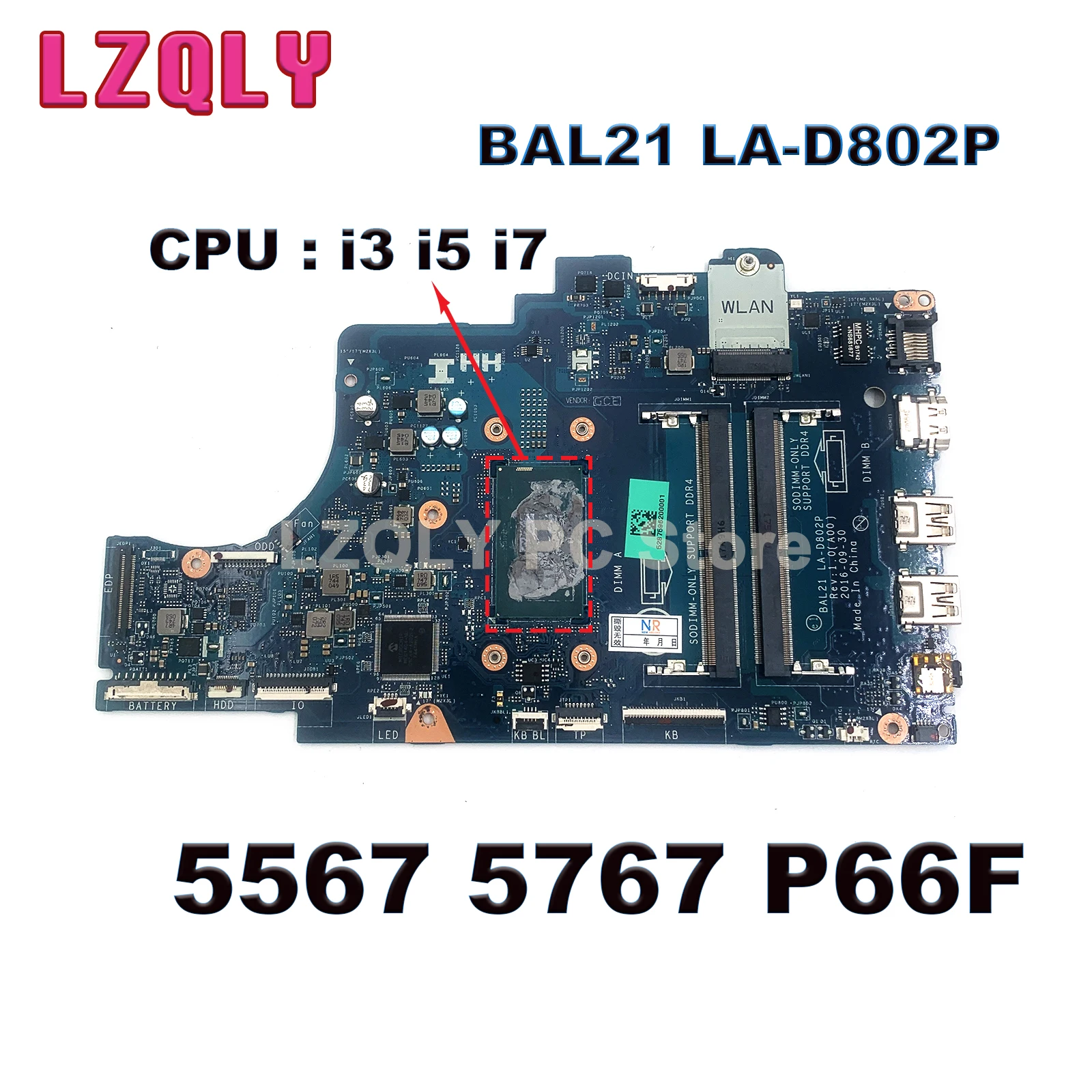 For Dell Inspiron 15 5567 5767 P66F Laotop Motherboard BAL21 LA-D802P With I3-6006U I5-6200U I7-6500U CN-0DG5G3 081YW5 057K0H