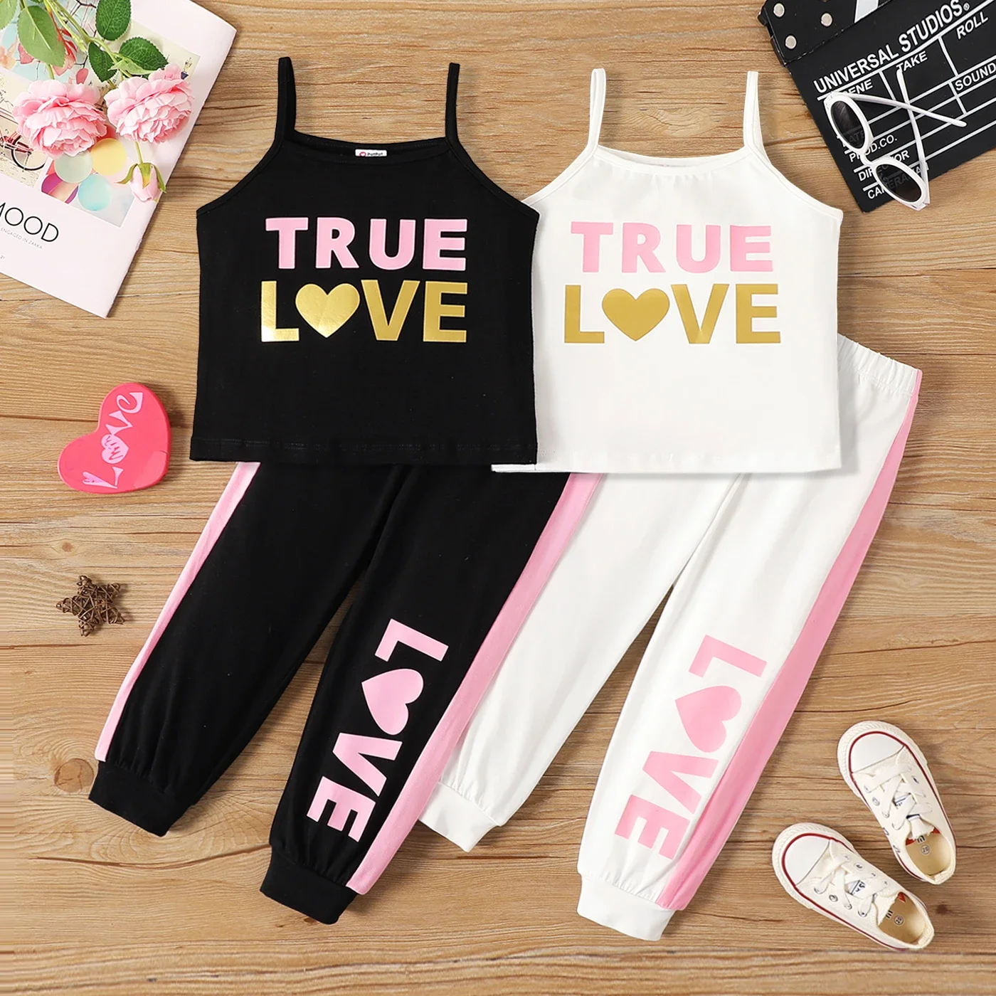 PatPat 2pcs Toddler Girl Letter Print Cotton Camisole and Colorblock Elasticized Pants Set Soft Comfortable  Perfect for Outings