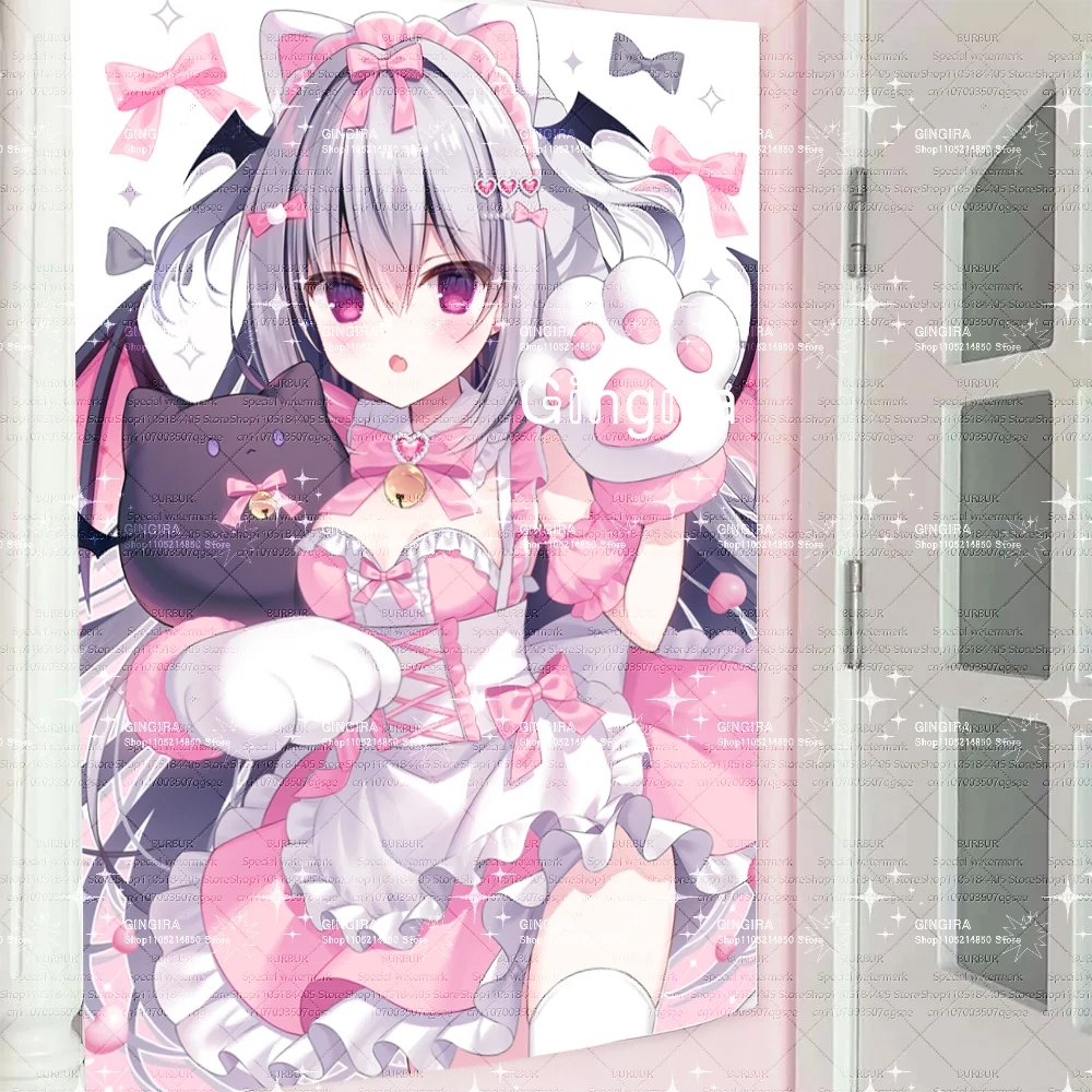 Pink Cat-Themed Plushie 2D Galgame Ears Indoor Tapestry for Decoration Interior Decor for Lolita Girls