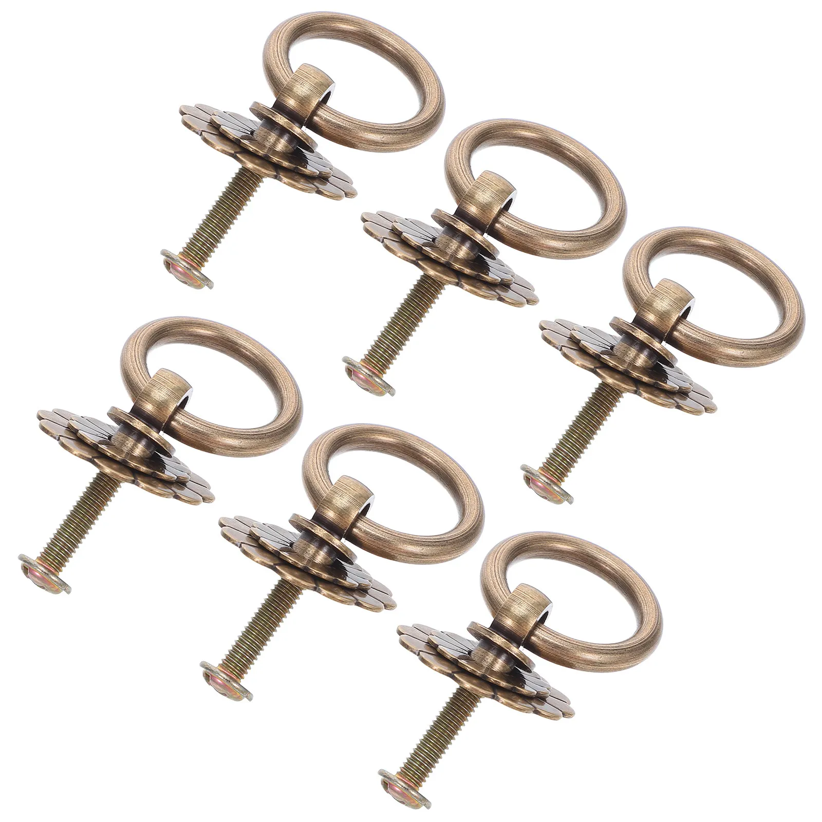 6Pcs Brass Flower Cabinet Knobs Vintage Dresser Handles Comfortable Round Ring Grip for Kitchen Bathroom Closet