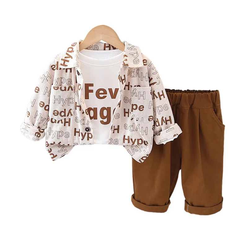 

Baby Boy Spring Outfit Set 2025 Autumn Letter Printed Corduroy Long Sleeve Coats + T-shirts + Pants Korean Fashion Kids Clothes
