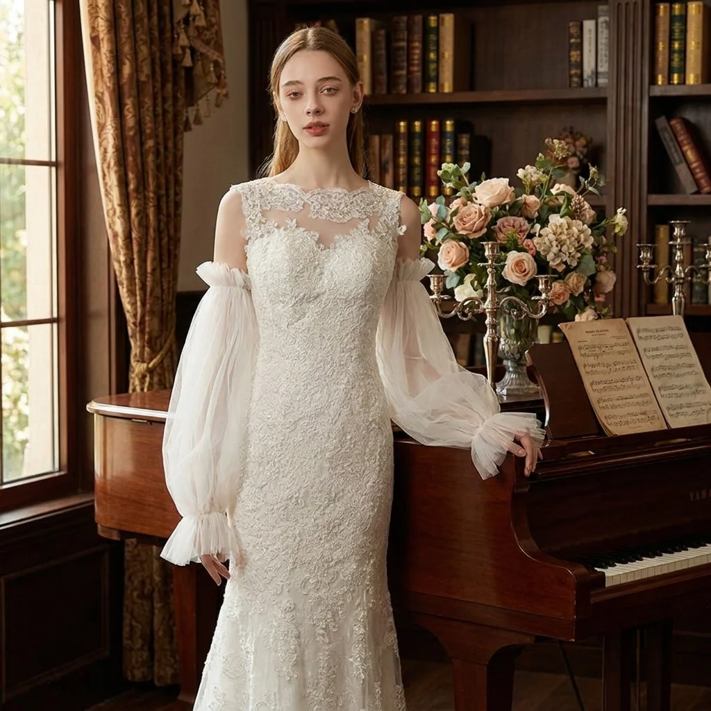 

High Quality Elegant Yarn Bridal Arm Sleeves Breathable Thin Wedding Long Sleeves Lantern shaped Solid Color Gauze Sleeves Women
