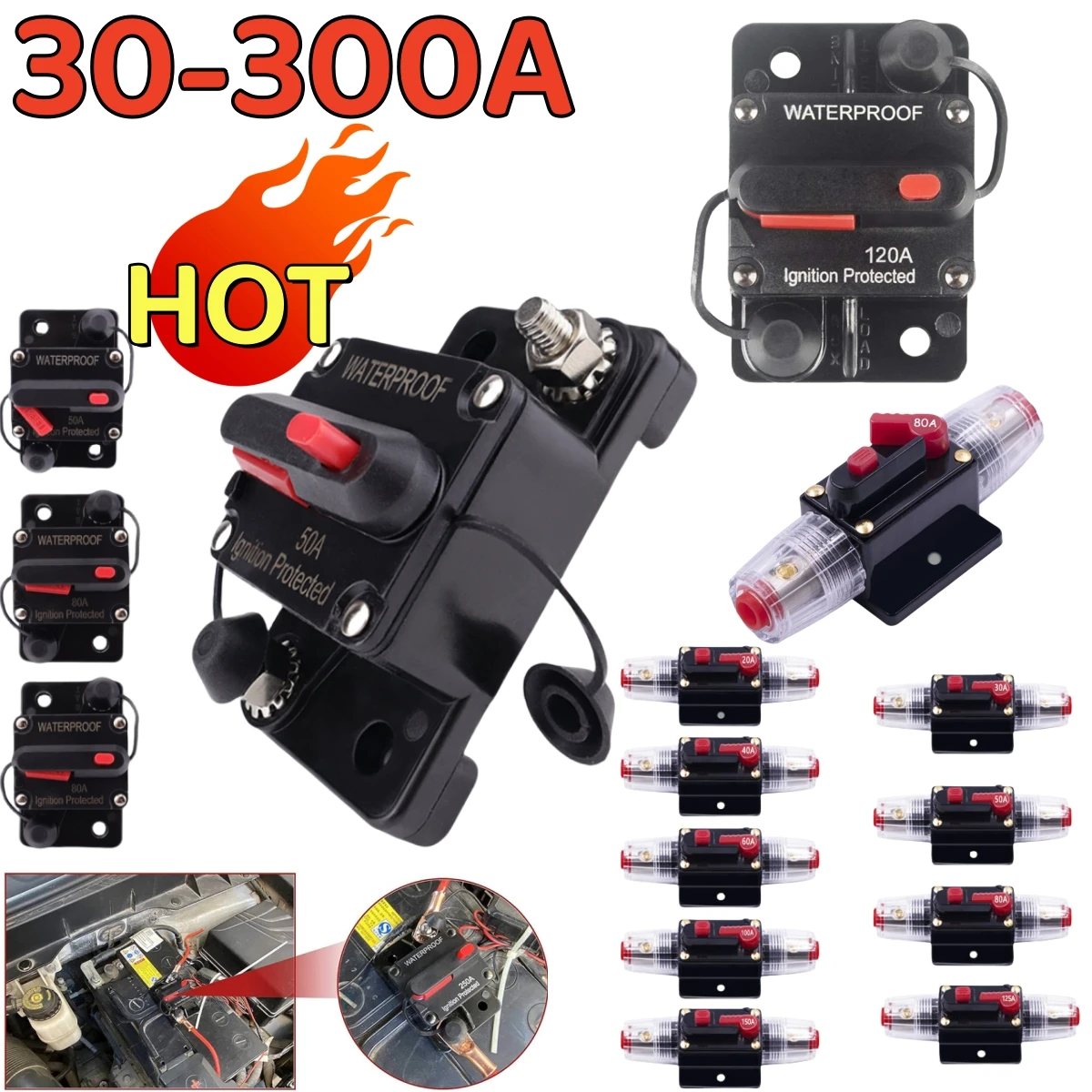 防水海洋サーキットブレーカ,カーオーディオシステム用の手動リセット,ヒューズ,12v-48v,dc,40a,60a,20A〜300a