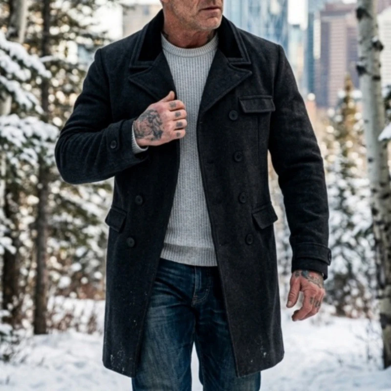 Daily Outdoor Double Breasted Long Overcoat Mens 2026 Winter Warm Woolen Coat Streetwear Vintage Solid Color Outerwear For Male