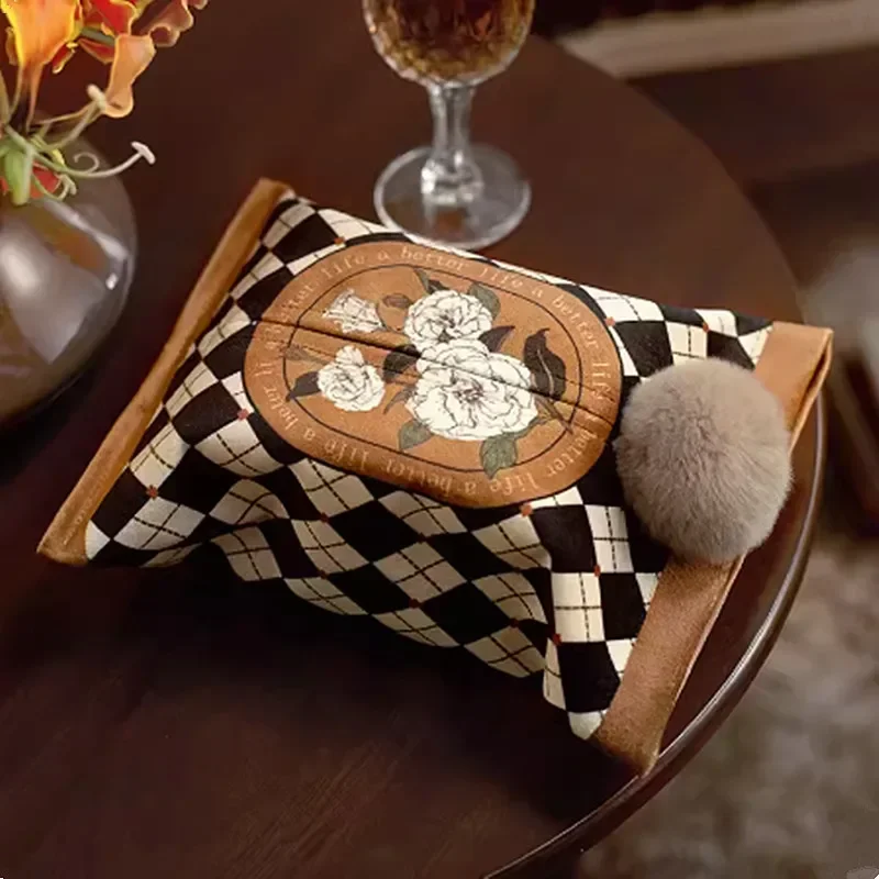 Light Luxury Tissue Box, Retro Style Fabric Paper Towel Storage Bag Case, Hand Painted Flower Printed and Dyed Plush Fabric