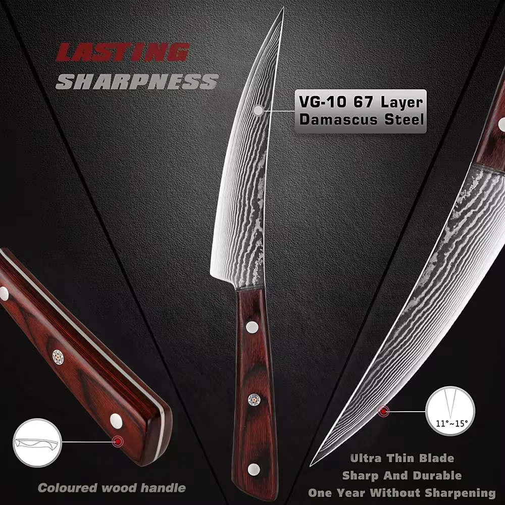 Japanese Damascus VG10 Steel Boning Knife Butcher Fish Fillet Knife Deboning Knife Kitchen Knife Picking Meat Knife BBQ Knife