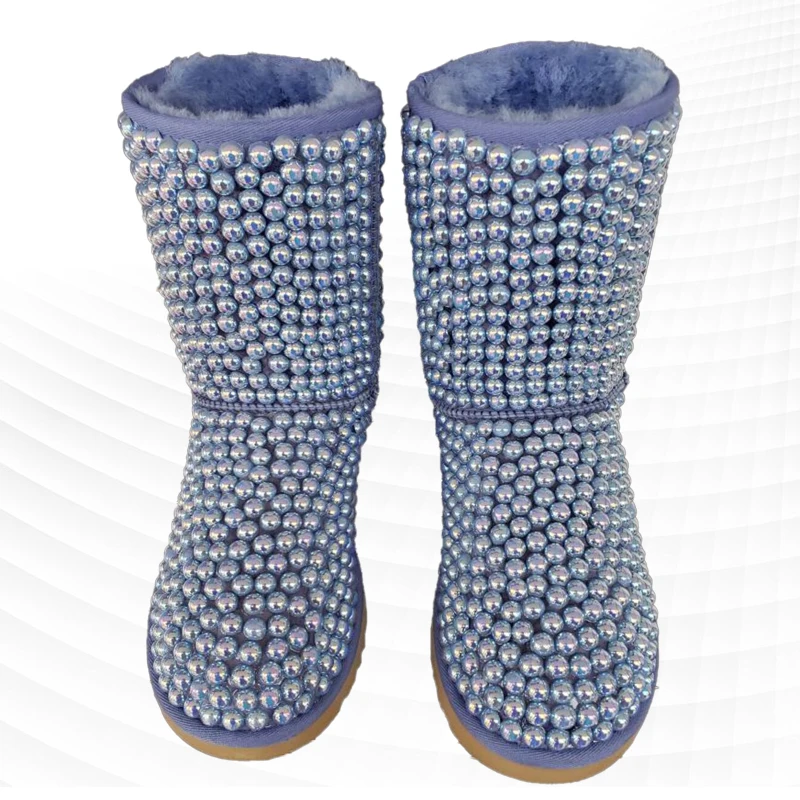 Blue mid-tube pearl rhindiamonds party banquet fur one snow boots large size casual thickened women's cotton shoes 35-44