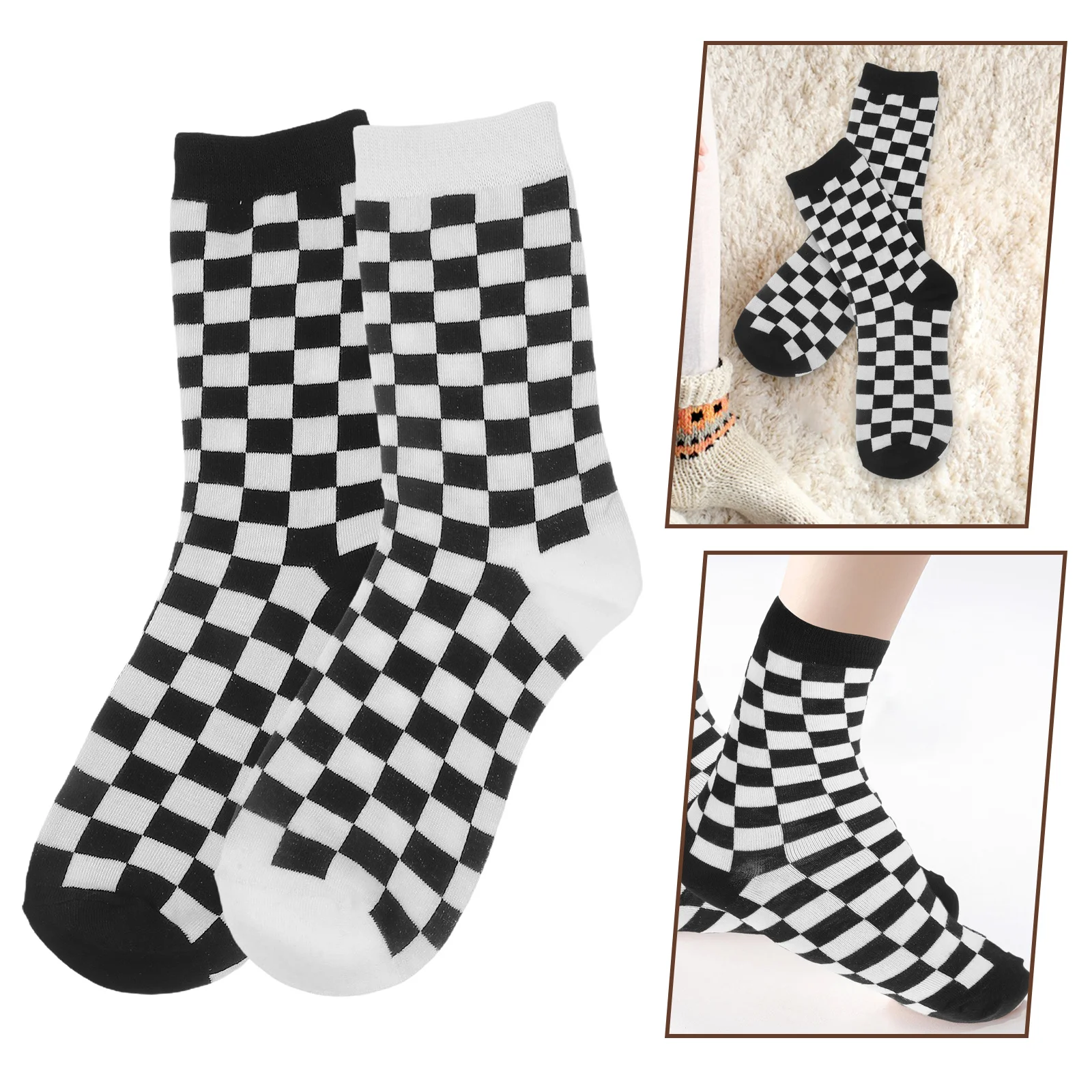 

2pcs Mid-Calf Plaid Socks Black White Pattern Classic Tube Stockings Breathable Cotton Warm All Season Sport Casual Wear Socks