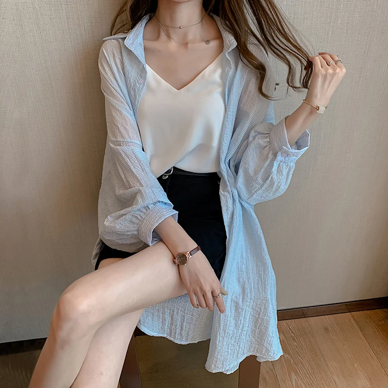 

Women's Striped Sun Protection Shirt Long Sleeve Chiffon Shawl Outerwear Mid-Length Open Cardigan Thin Outer Spring Autumn