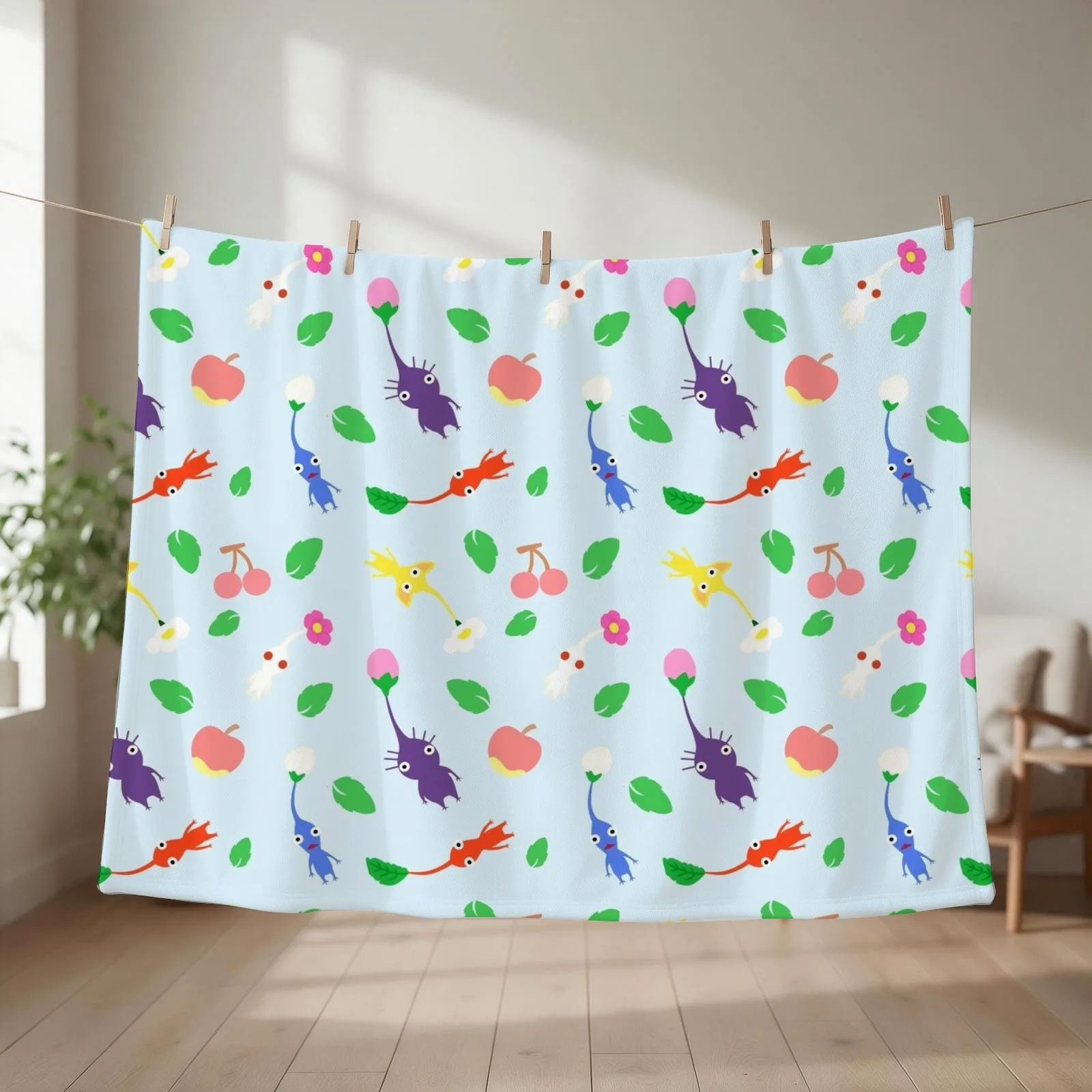 cute pikmin pattern blue Throw Blanket couch cozy soft plush fuzzy picnic outdoor blanket