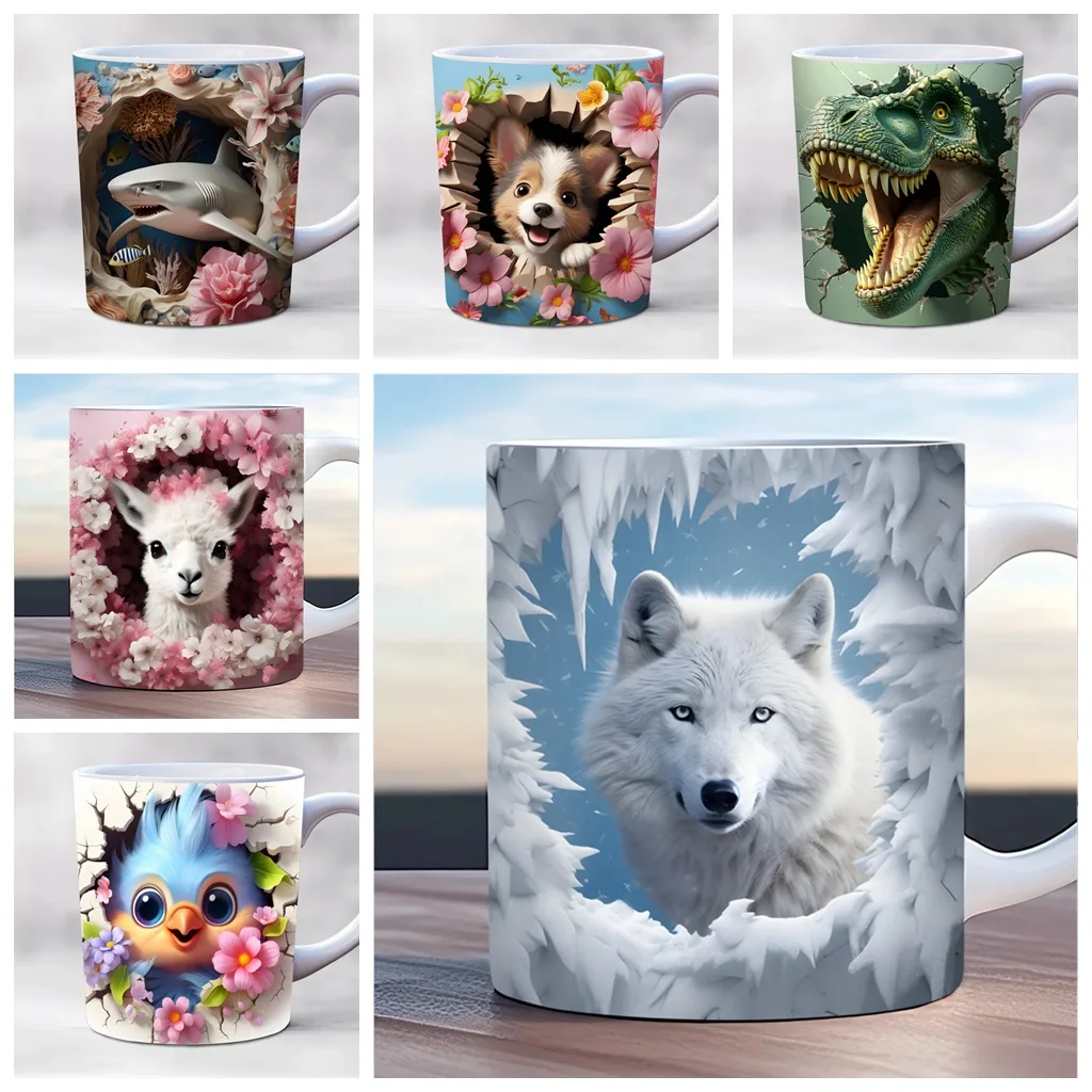New products in July 3D animal coffee mug 3D snow wolf, dinosaur, alpaca, dinosaur, frog, cup