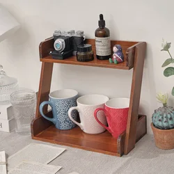 Solid wood retro double desktop cosmetics perfume mask storage box Small bookshelf kitchen green plant display display rack