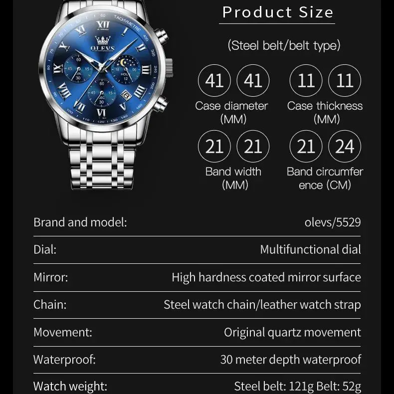 OLEVS 5529 رجال الأعمال الفاخرة ساعة كوارتز العلامة التجارية مقاوم للماء مضيئة التقويم ساعة مقياس روماني Moonphase توقيت رمز ساعة الرجال
