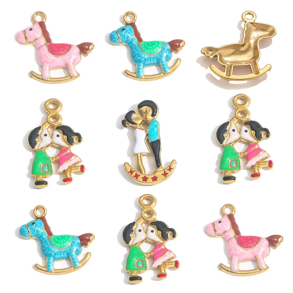2pcs Stainless Steel Charm Couple Pink Enamel Gold-plated DIY Bracelet Earrings Jewelry Making Materials Accessories Wholesale
