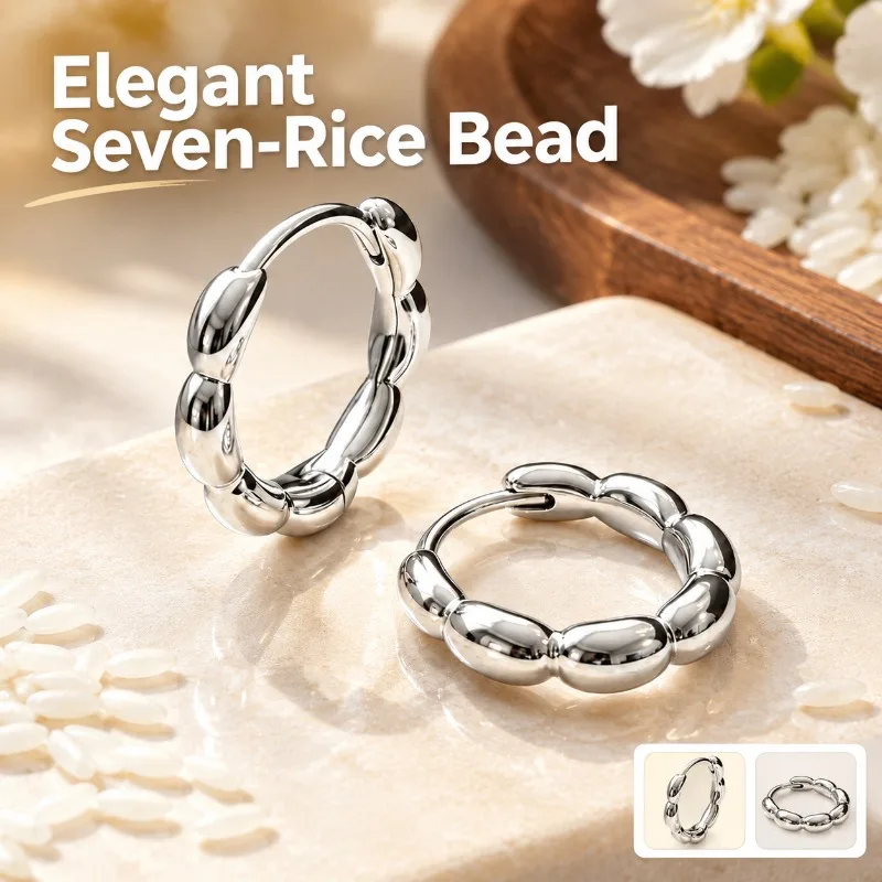 New Chinese Seven Rice Bead Ear Buckles for Women Trendy Unique High-end Ear Care Plain Hoop Ear  Jewelry  Good-looking