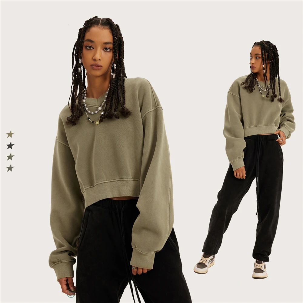 Autumn Women Super-Short V-Neck Fleece Sweatshirt Sexy Oversize Distressed Pullover 380gsm Streetwear Six Colors