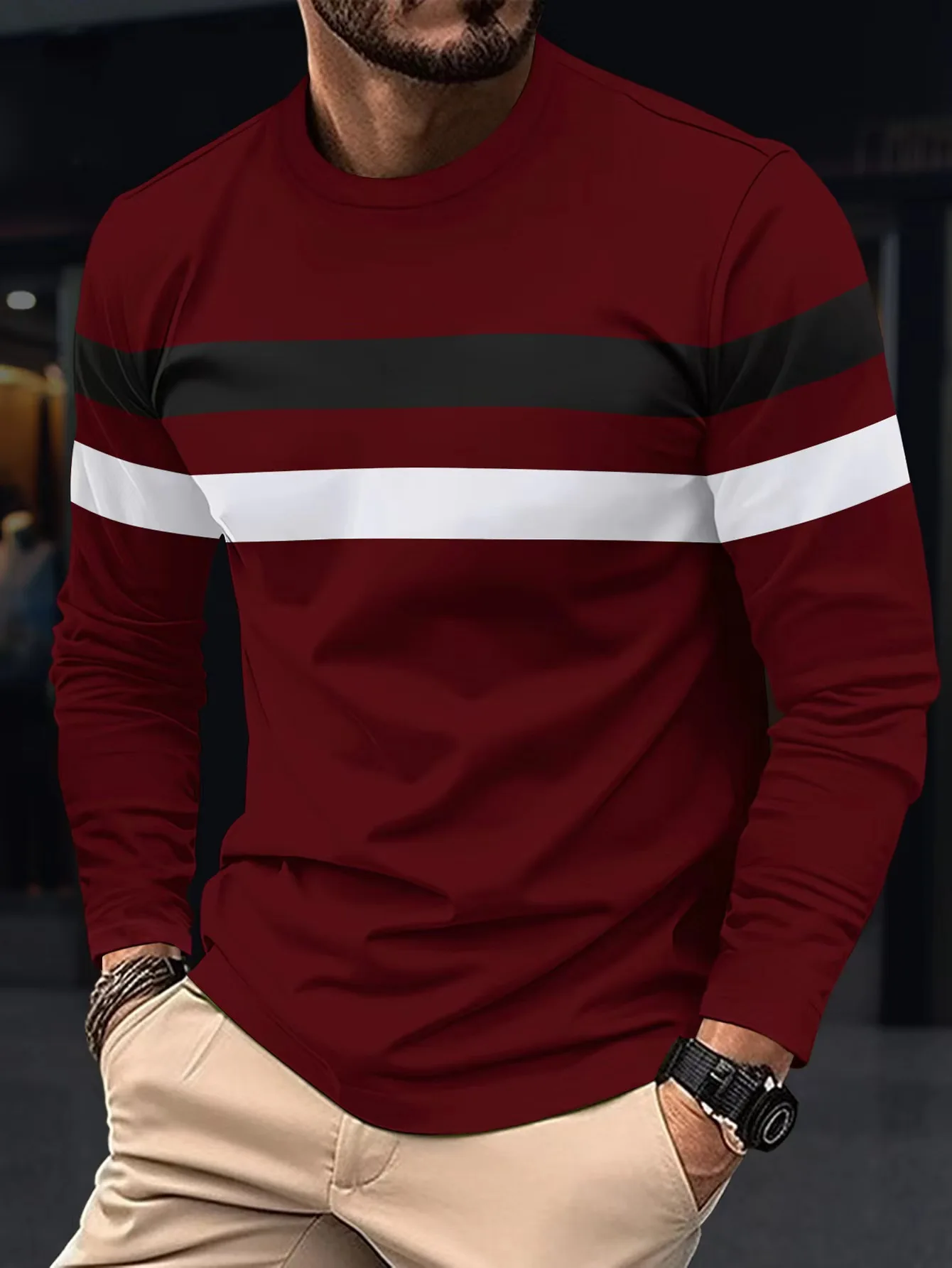 2024 Spring and Autumn New Men\'s Casual Round Neck Long Sleeve T-shirt Color Blocked Fashion Sports Base Shirt Thin Top