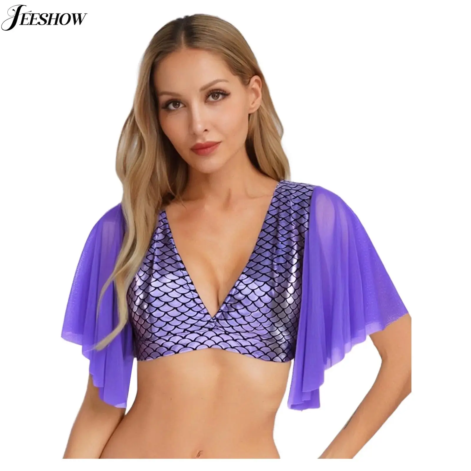 Womens Mermaid Fish Scale Printed Crop Top Shiny Metallic Sheer Mesh Short Sleeve Deep V Neck Slim Fit Tee Shirt Blouse Clubwear