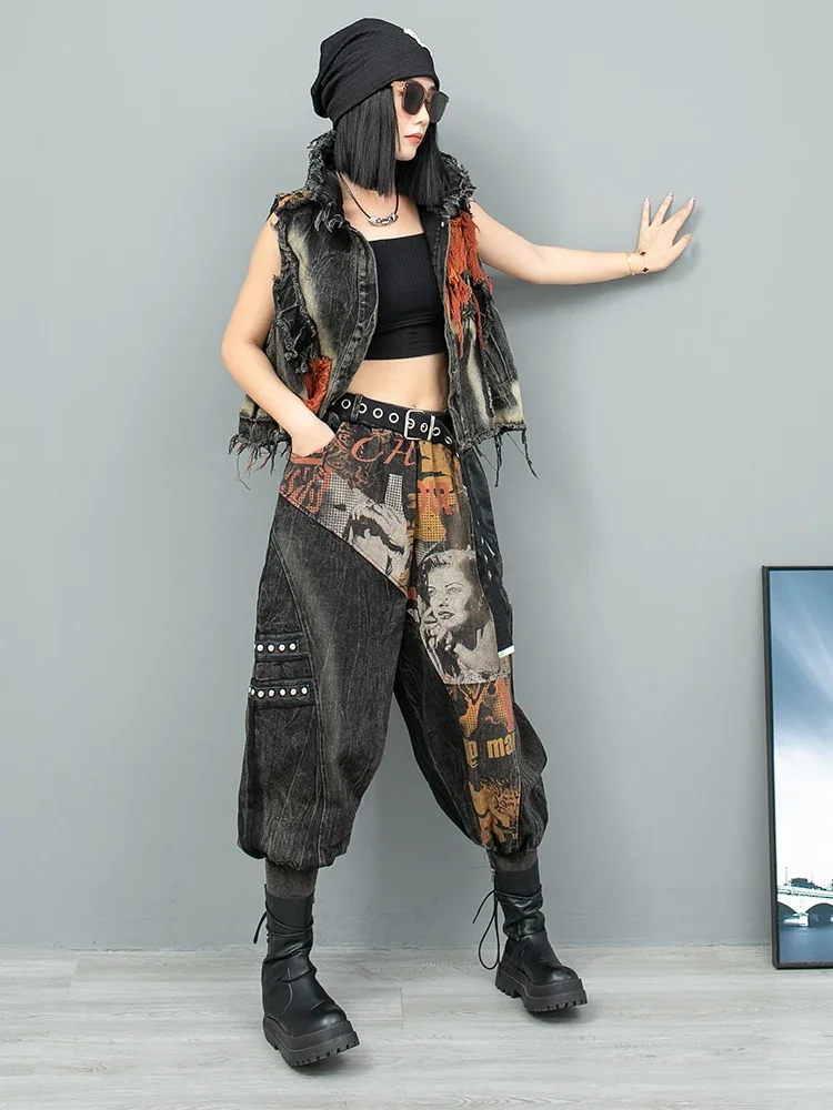 Street Fashion Pant Sets Autumn Loose and Old Printed Denim Sleeveless Vest Small Feet Harlan Pants 2 Piece Sets Womens Outifits