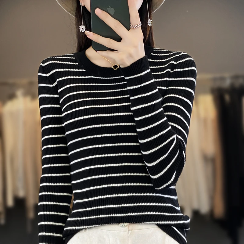

New Autumn And Winter Fashion Knitted Sweater With Round Neck And Striped Pattern, Long-Sleeved Women's Slimming Top - SMY267