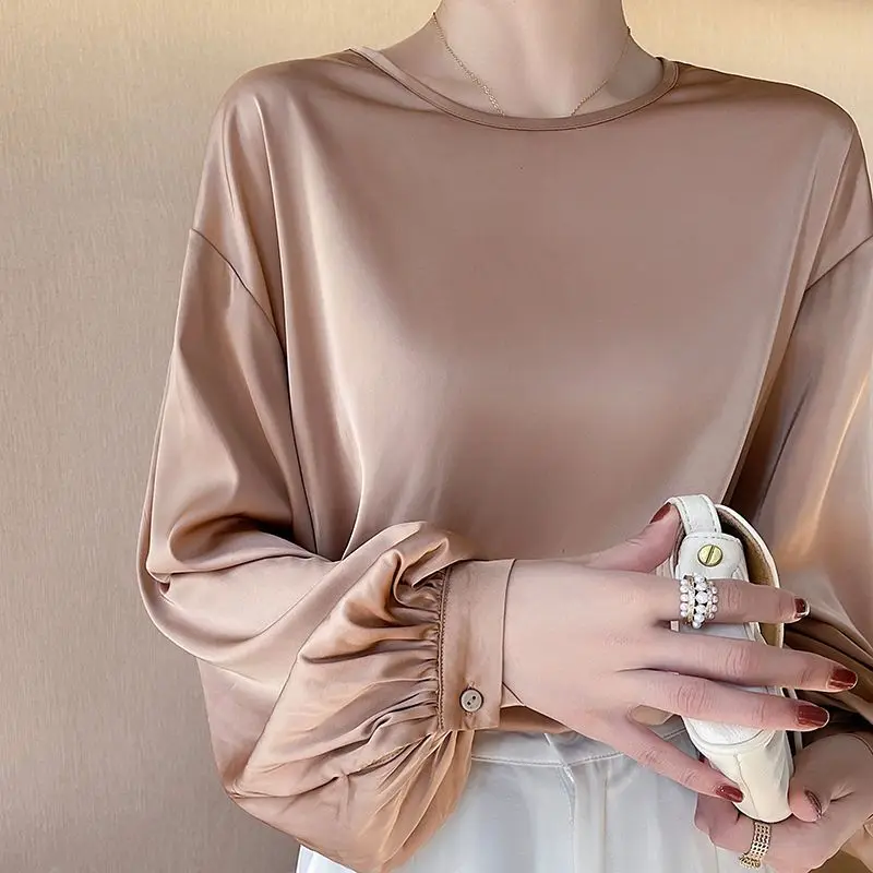 2024 Spring Loose Women\'s Shirt Solid Color Office Lady Tops O-Neck Long Sleeve T-Shirt Satin Silk Lantern Cuffs Women Clothing