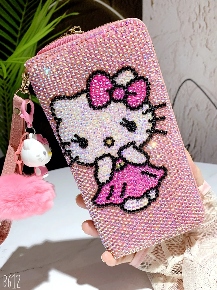 

Kawaii Keepley Sanrio Hello Kitty DIY Full Diamond Wallet Stick-on Crystals Wallet Phone Bag Monedero Billetera for Women Girls