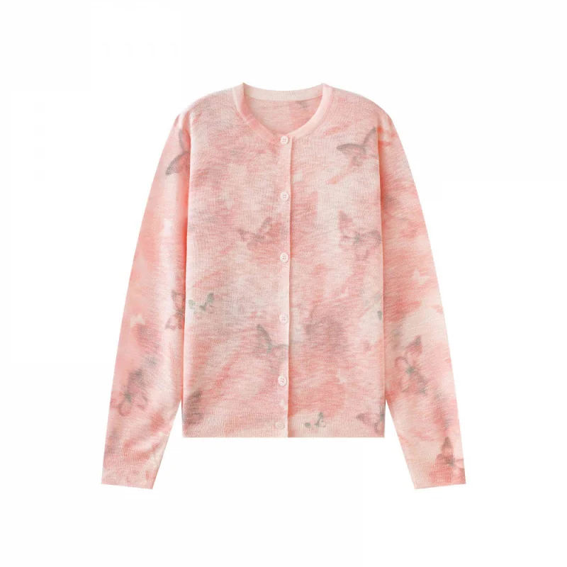 

Women Summer Long Sleeve Floral Print Knitted O Neck Cardigan Casual Lightweight Knit Sweater Top Anti-Darkness