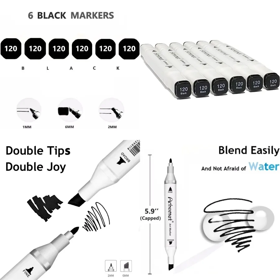 

Набор черных спиртовых маркеров из 6 предметов с двумя наконечниками для художественного рисования и рисования, идеально подходит для начинающих и взрослых, идеально подходит для творчества