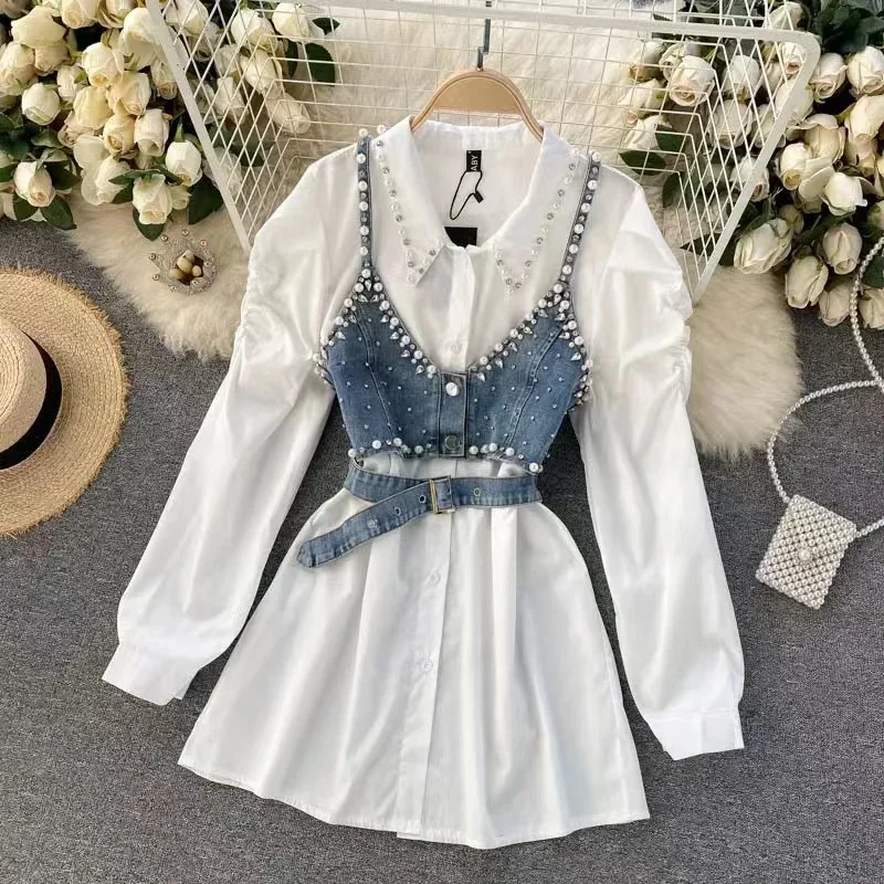 2025 New High Quality Fashion Shirt Dress Chic Two Piece Set Women Lapel Diamond Pearl White Loose Blouse +Denim Belt Vest Suits