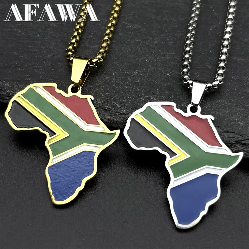 أفريقيا جنوب أفريقيا خريطة العلم قلادة قلادة للنساء الرجال الفولاذ المقاوم للصدأ الملونة المينا الذهب اللون العرقية سلسلة مجوهرات #1