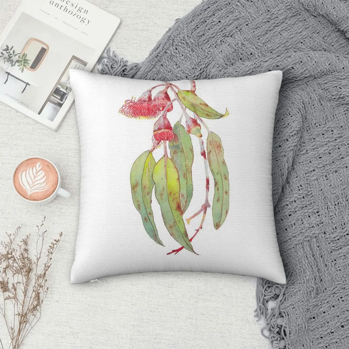 

Цветущая серебряная принцесса, эвкалипт, акварельная квадратная наволочка, наволочка, удобная подушка для домашнего автомобиля