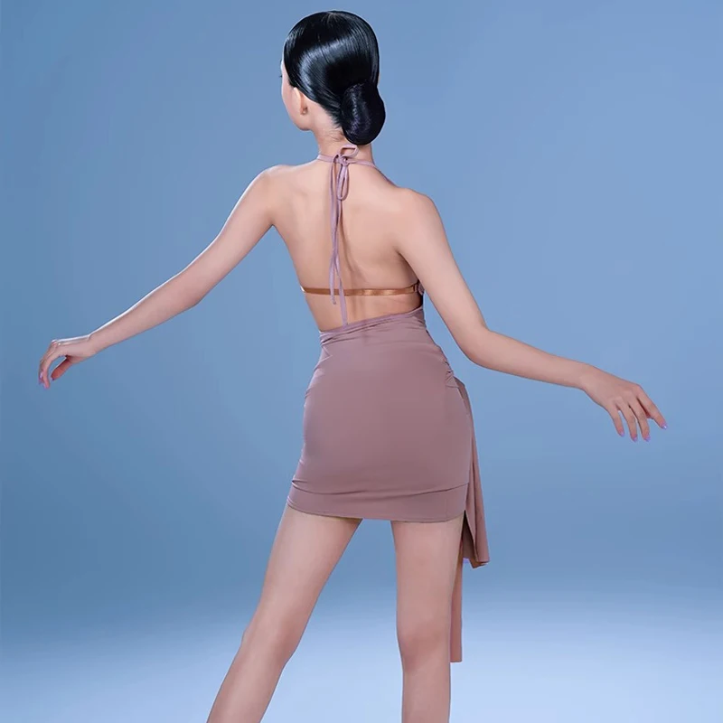 子供セクシーなラテンダンスドレス衣装女の子のための背中の開いたホルタースカートチャチャサンバルンバトレーニングパフォーマンスダンスウェアスーツ