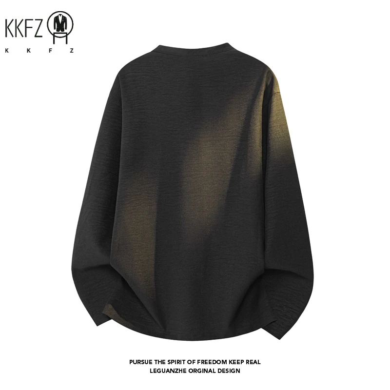 Mens Relaxed Henley Shirt Crew Collar Half Button Long Sleeve Textured Material Loose Streetwear Pullover - view 3