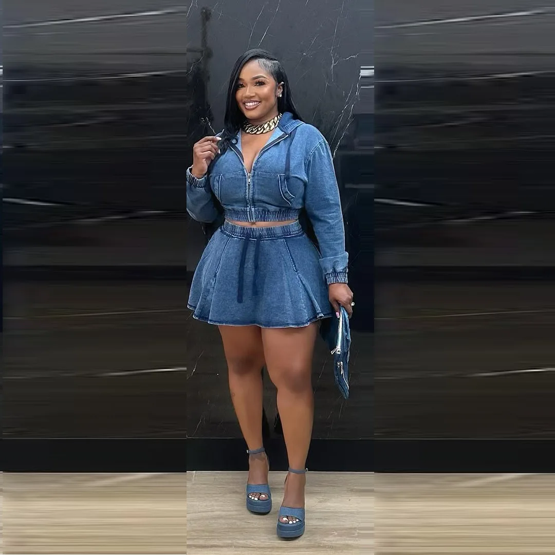 Повседневный комплект из двух предметов из потертого денима, женский новый весенне-осенний модный джинсовый короткий топ на молнии + юбка до половины тела с высокой талией