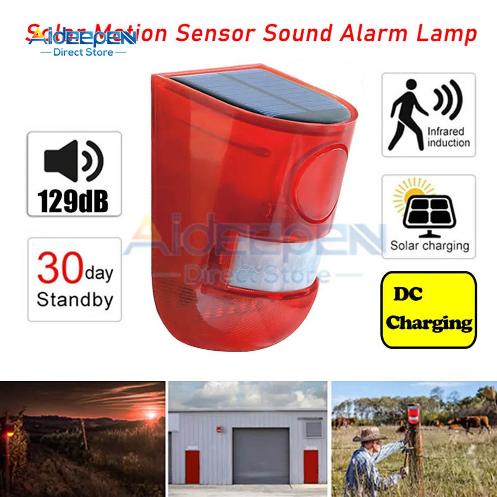 Solar Infrared Motion Sensor Alarm With 129db Siren Strobe Light For Home Garden Carage Shed Carvan Security Alarm System